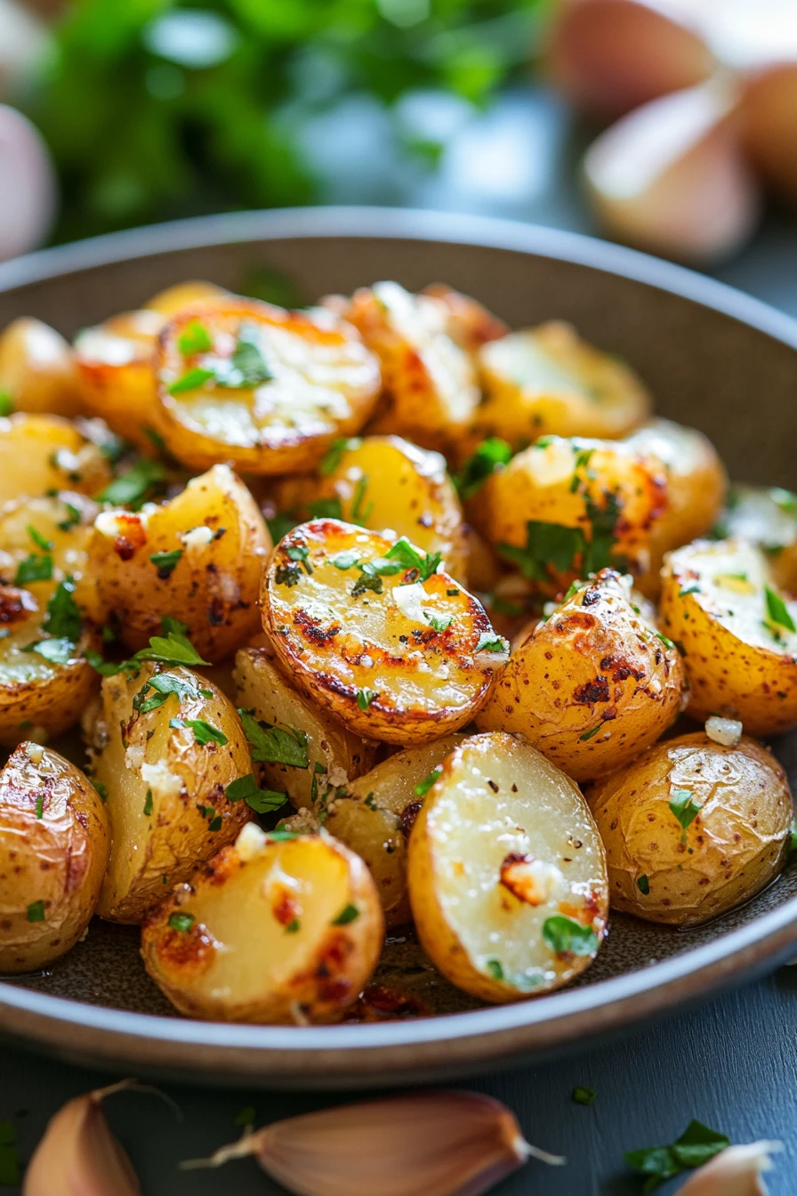 Close-up of skillet garlic butter potatoes with golden crispy edges in a black skillet.