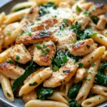 Close-up of skillet garlic parmesan chicken pasta with creamy sauce and herbs