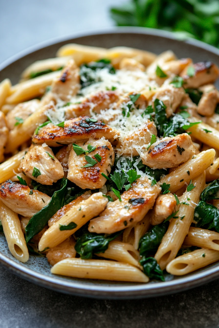 Close-up of skillet garlic parmesan chicken pasta with creamy sauce and herbs