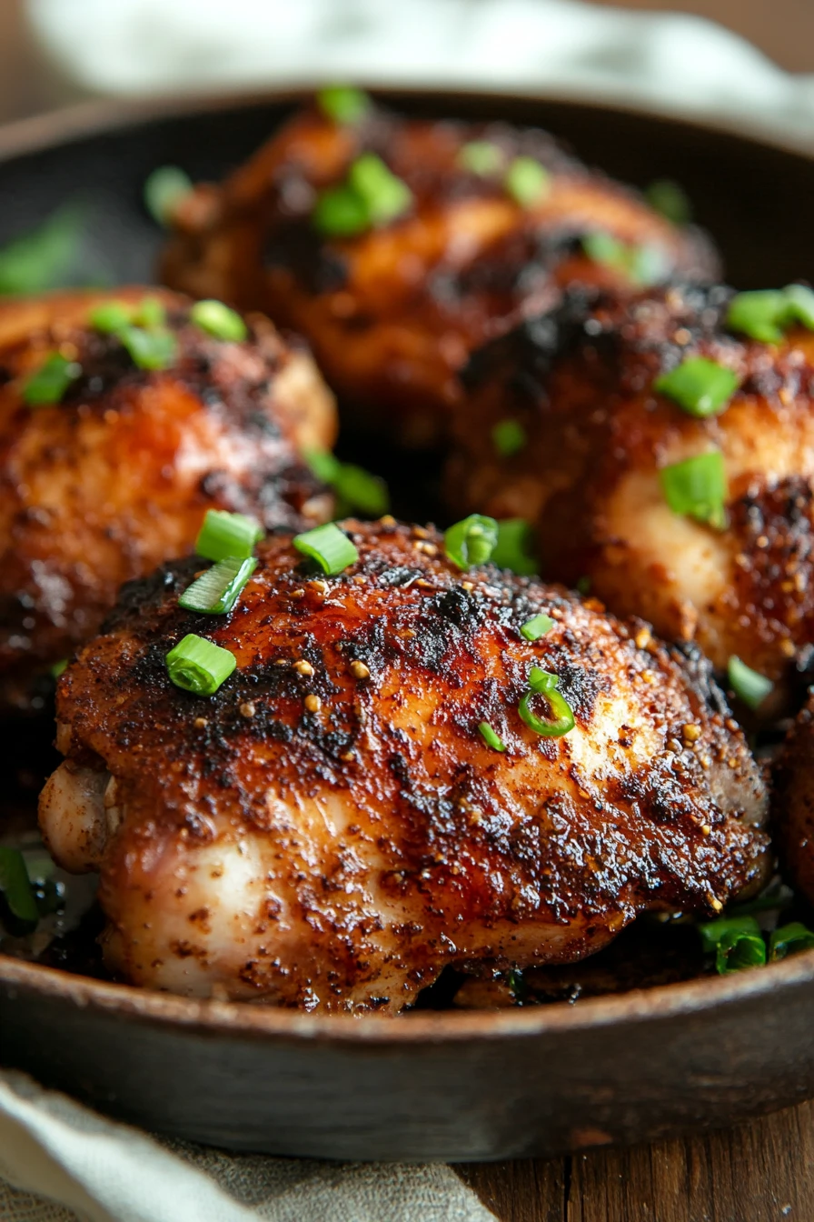 Close-up of skillet jerk chicken with vibrant spices and herbs in a cast iron skillet.