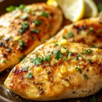Close-up of skillet lemon garlic chicken with creamy sauce and herbs