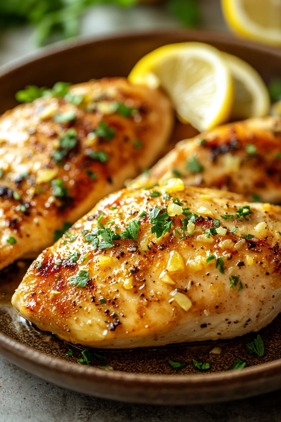 Close-up of skillet lemon garlic chicken with creamy sauce and herbs