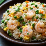 Close-up of skillet shrimp fried rice with vibrant vegetables and herbs