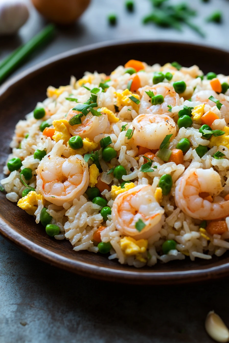 Close-up of skillet shrimp fried rice with vibrant vegetables and herbs