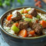 Close-up of slow cooker beef and rice stew with vegetables in a bowl.