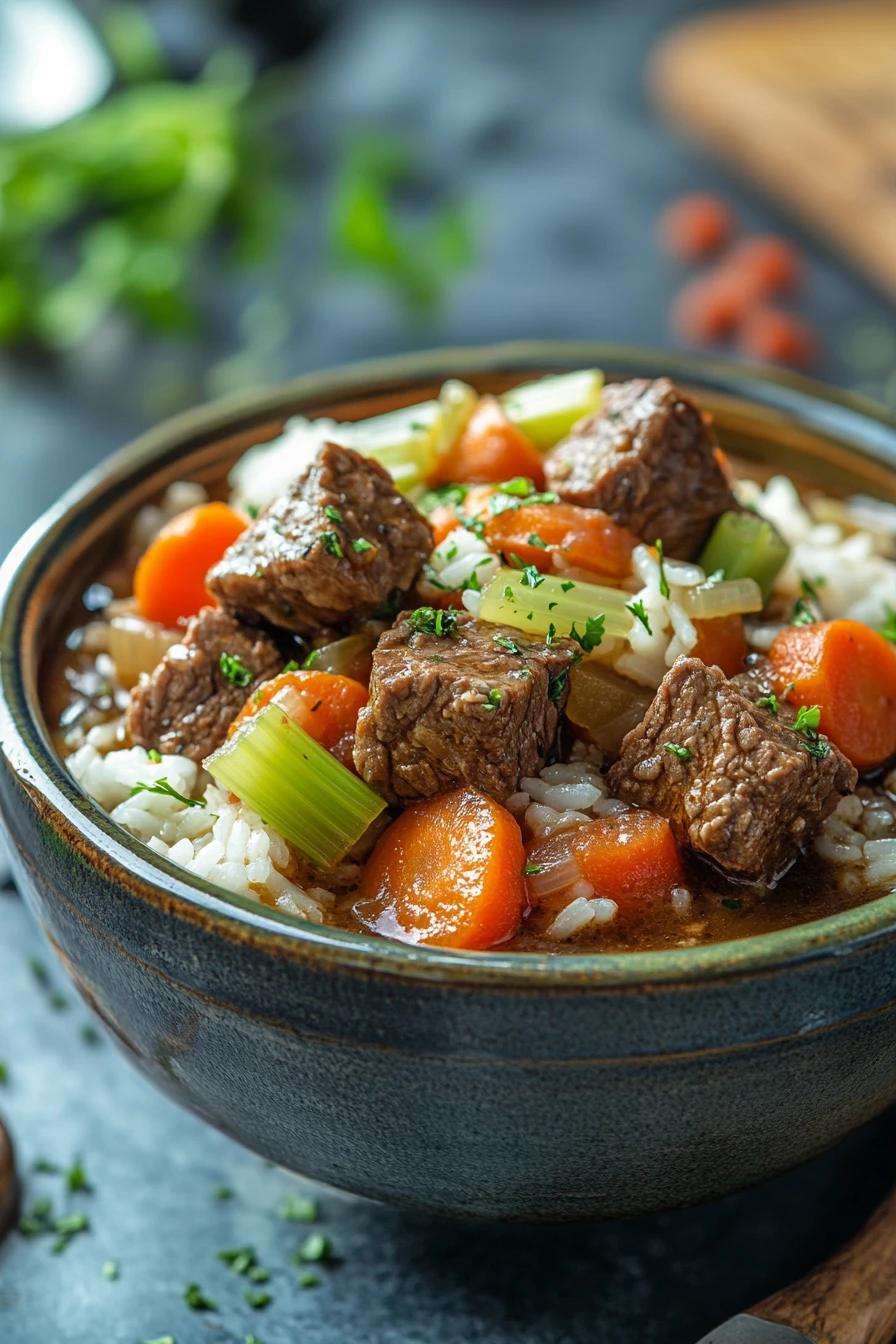 Close-up of slow cooker beef and rice stew with vegetables in a bowl.