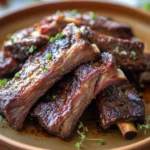 Close-up of slow cooker beef finger ribs with rich, savory glaze and minimal background.