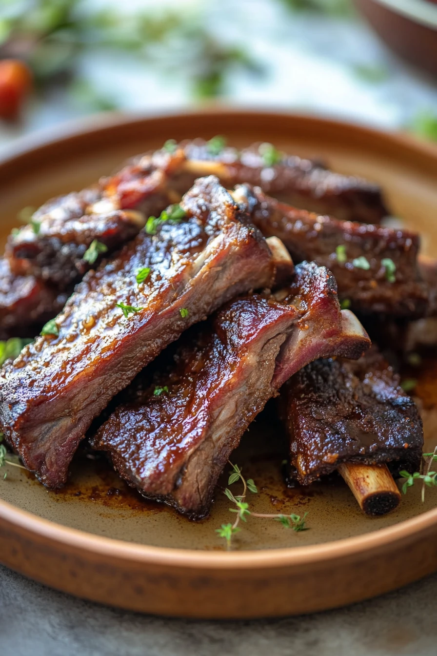 Close-up of slow cooker beef finger ribs with rich, savory glaze and minimal background.
