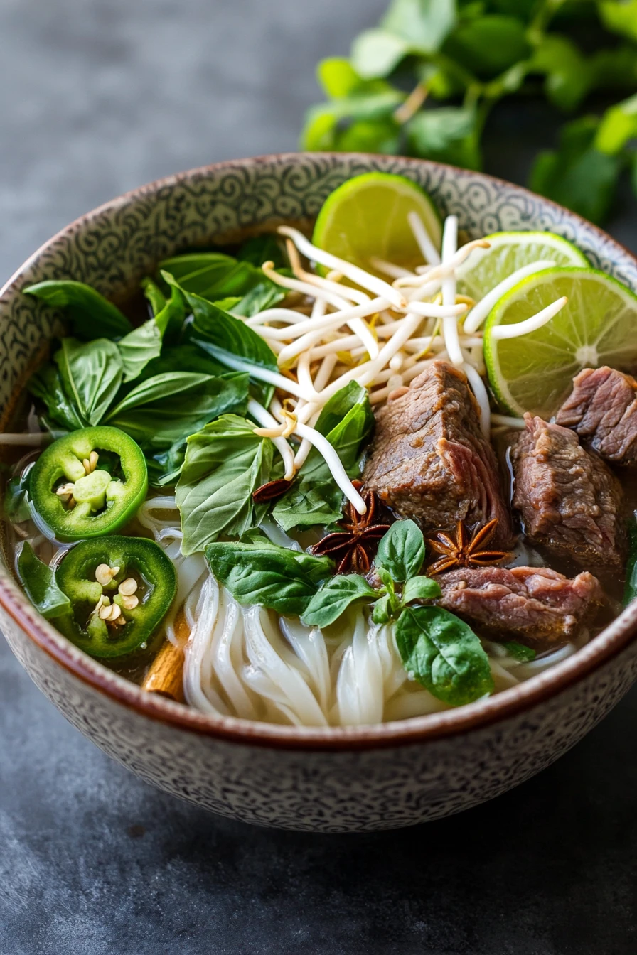 Close-up of slow cooker beef pho with fresh herbs and noodles