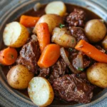 Slow Cooker Beef, Potatoes, and Carrots for Cozy Weeknight Dinners 3 Close-up of slow cooker beef with potatoes and carrots in a warm, inviting setting.