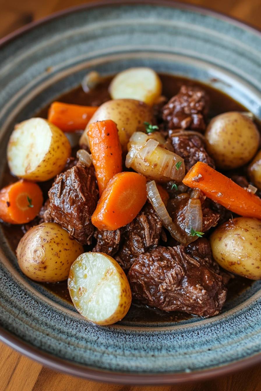Slow Cooker Beef, Potatoes, and Carrots for Cozy Weeknight Dinners 2 Close-up of slow cooker beef with potatoes and carrots in a warm, inviting setting.