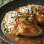 Close-up of slow cooker chicken and gravy with creamy sauce on a plate.
