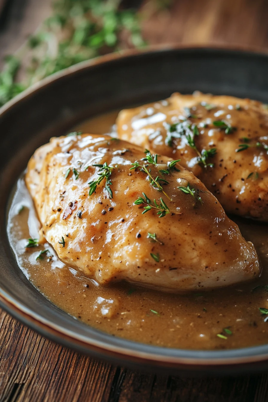 Close-up of slow cooker chicken and gravy with creamy sauce on a plate.