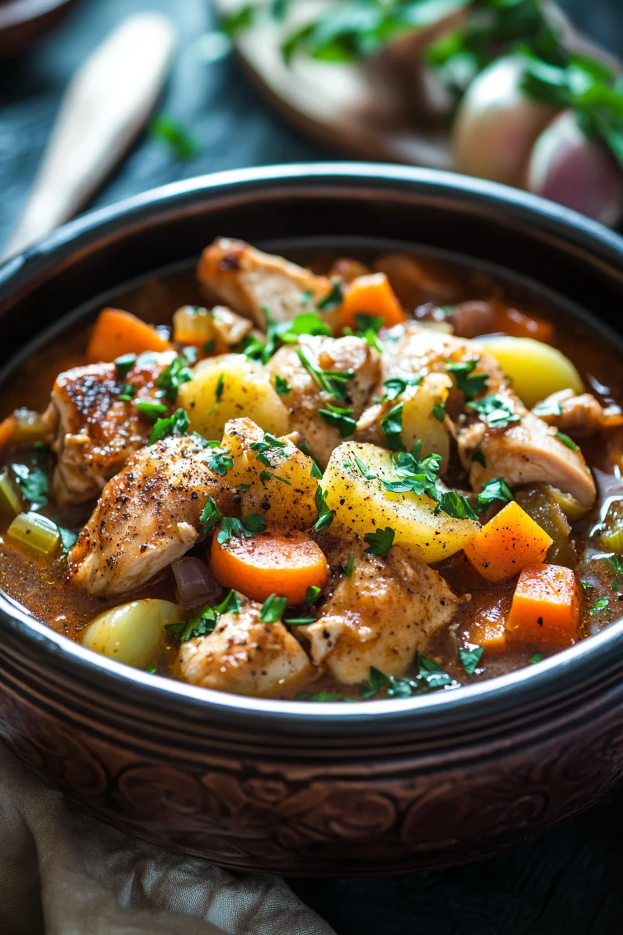 Close-up of slow cooker chicken and vegetables stew with bright natural lighting.