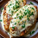 Close-up of slow cooker chicken garlic parmesan with creamy sauce and herbs
