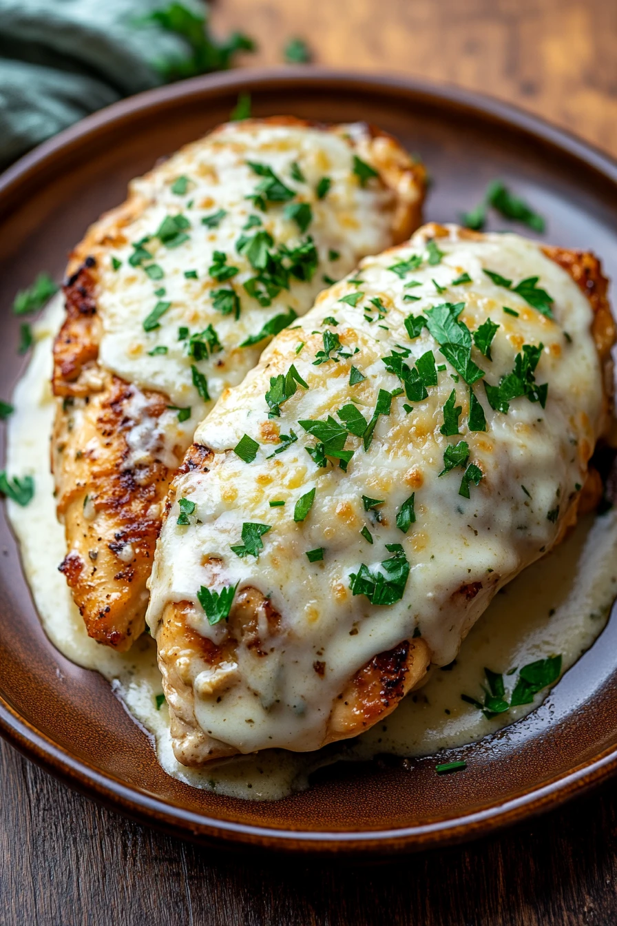 Close-up of slow cooker chicken garlic parmesan with creamy sauce and herbs