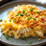 Close-up of a creamy slow cooker chicken hashbrown casserole with golden crust.