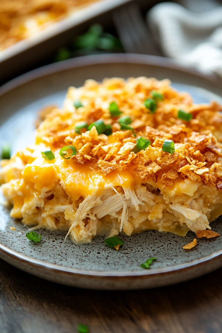 Close-up of a creamy slow cooker chicken hashbrown casserole with golden crust.
