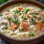 Close-up of slow cooker chicken n dumplings with creamy sauce and herbs