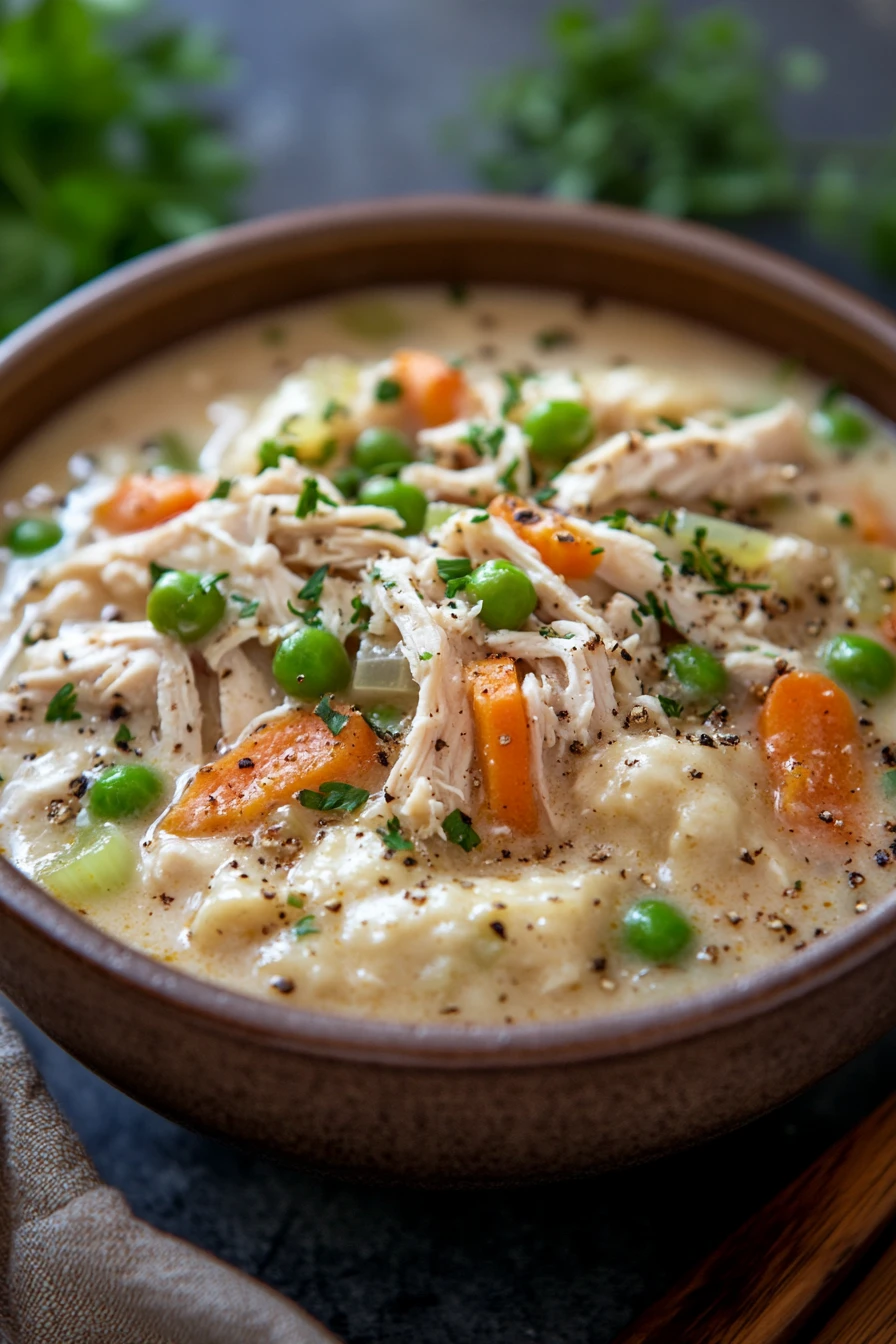 Close-up of slow cooker chicken n dumplings with creamy sauce and herbs