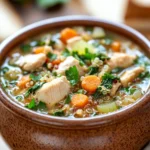 Close-up of slow cooker chicken quinoa soup with vegetables in a white bowl