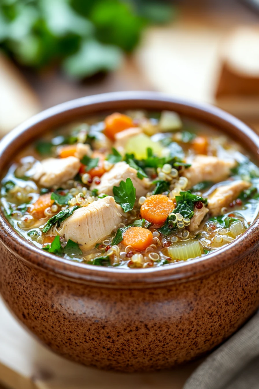 Close-up of slow cooker chicken quinoa soup with vegetables in a white bowl