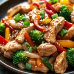 Close-up of slow cooker chicken stir fry with vegetables in bright natural lighting.