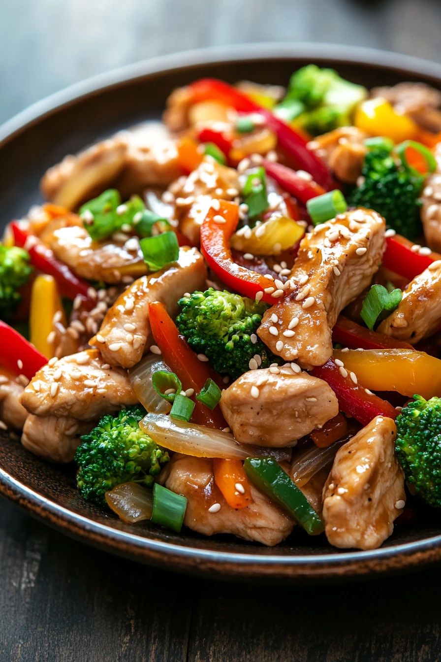 Close-up of slow cooker chicken stir fry with vegetables in bright natural lighting.