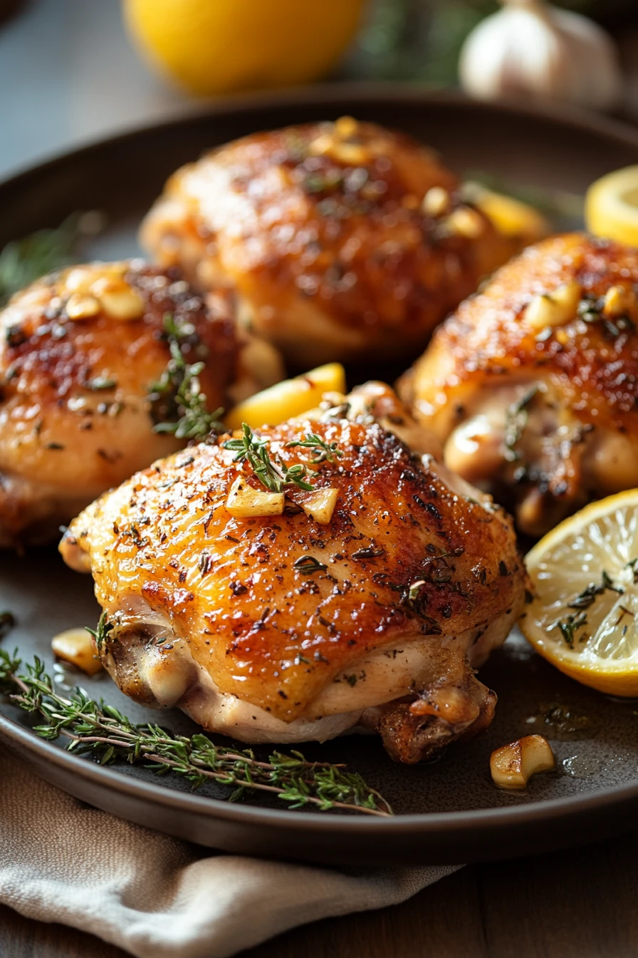 Close-up of a slow cooker chicken dish with herbs and creamy sauce, perfect for Whole 30.