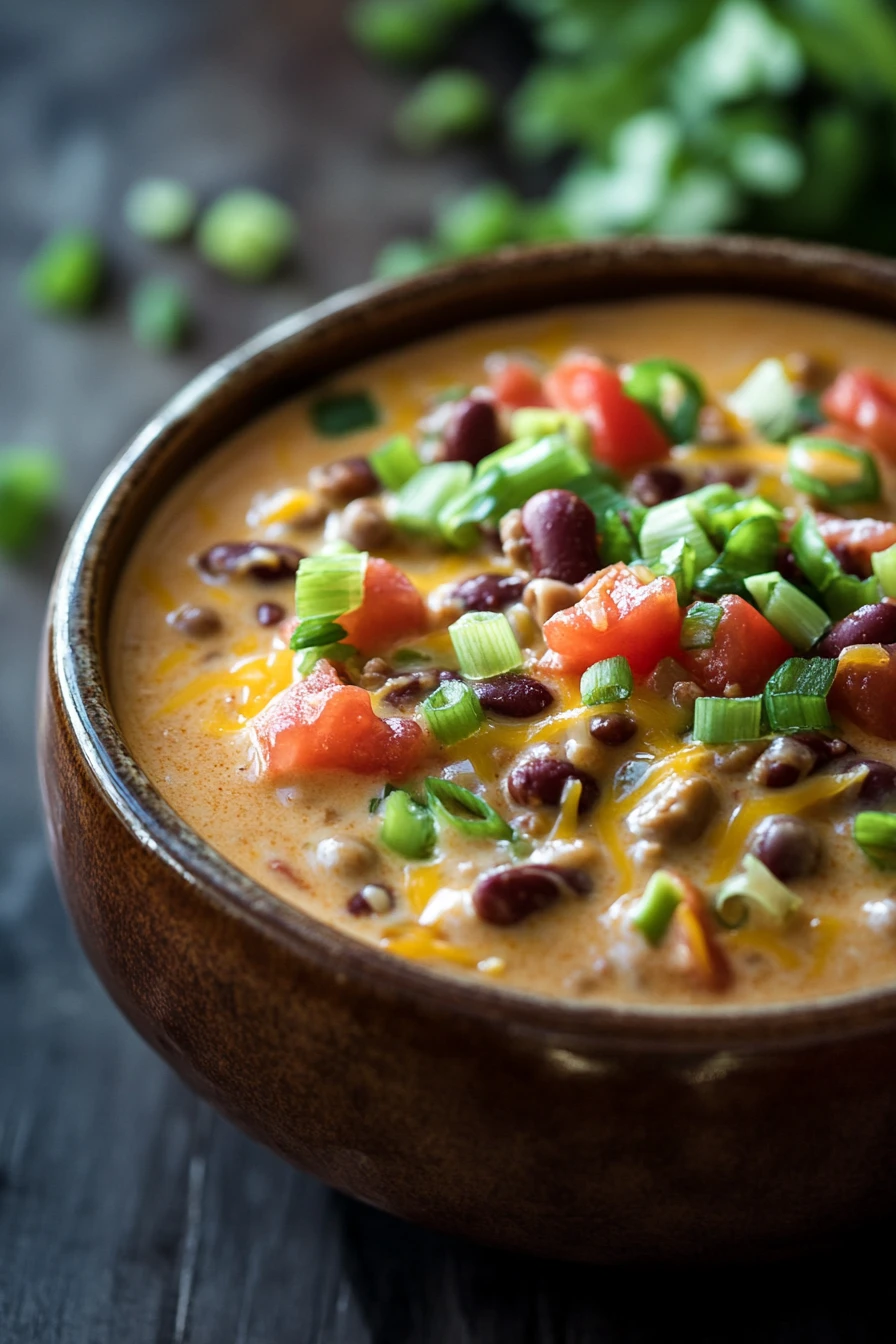 Slow Cooker Chili Queso Dip That Turns Game Night Into a Celebration 2 Close-up of slow cooker chili queso dip with creamy cheese and chili topping