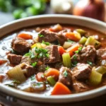 Close-up of a hearty slow cooker Italian beef stew with visible vegetables and rich sauce.
