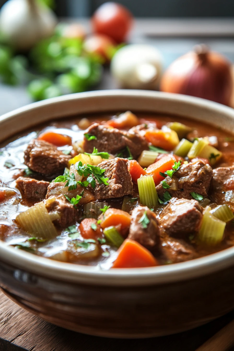 Close-up of a hearty slow cooker Italian beef stew with visible vegetables and rich sauce.