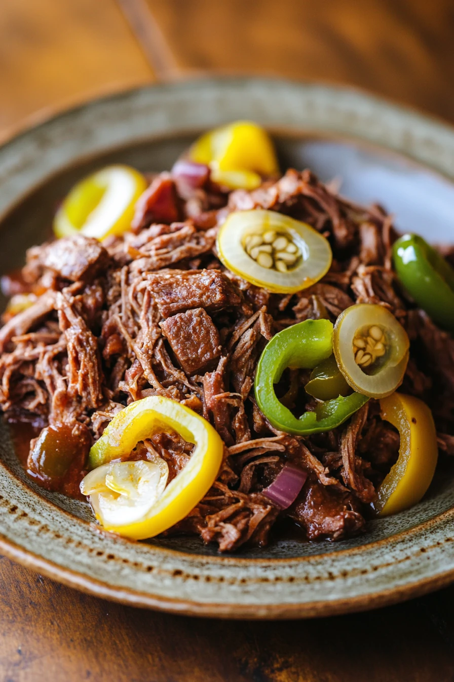 Close-up of slow cooker Melissa Jo Italian beef with bright lighting and minimal background.
