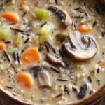 Close-up of creamy mushroom wild rice soup with herbs in a bowl