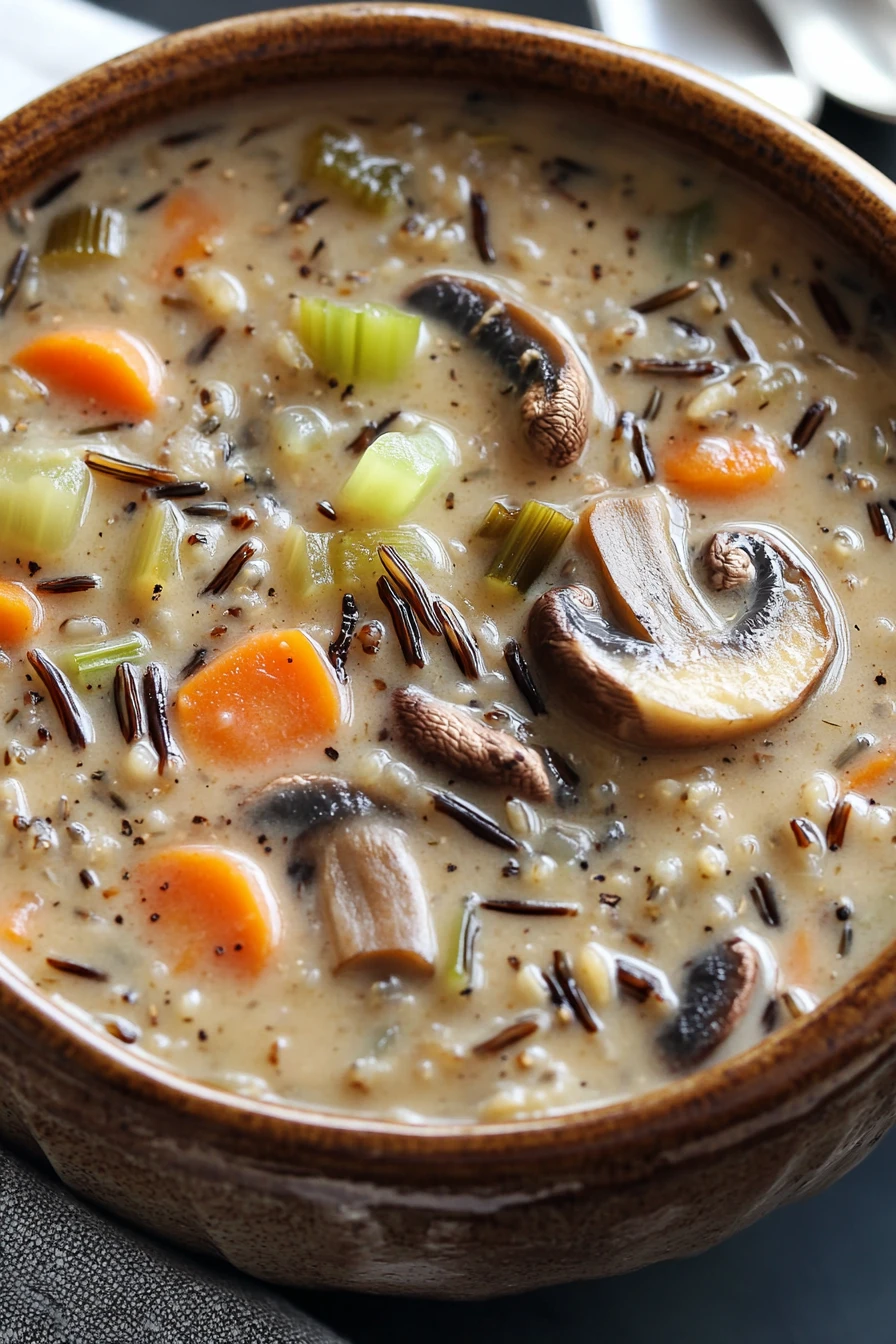 Close-up of creamy mushroom wild rice soup with herbs in a bowl