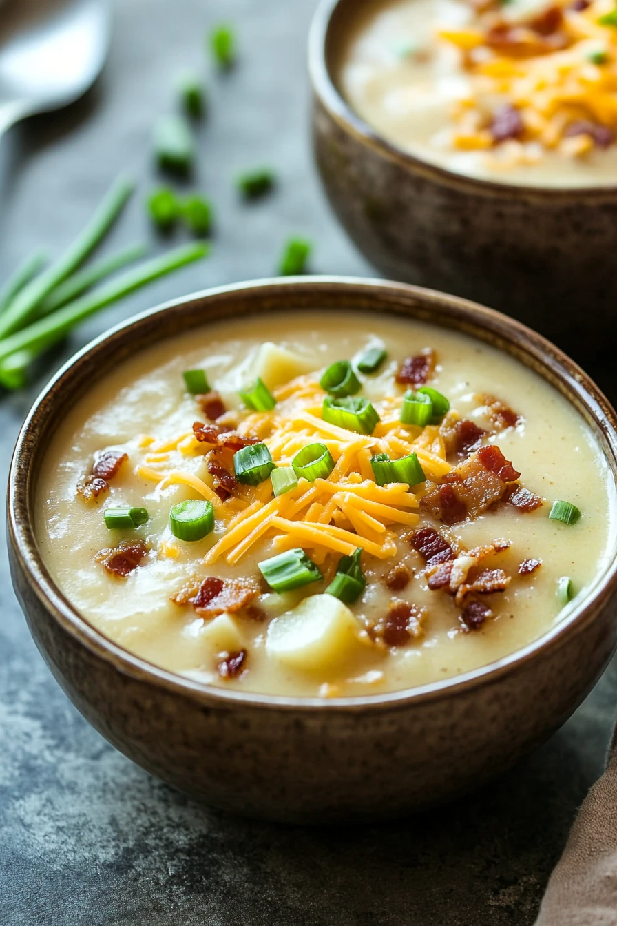 Close-up of creamy slow cooker potato soup with herbs in a white bowl