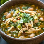 Close-up of slow cooker salsa verde chicken chili with vibrant colors and textures