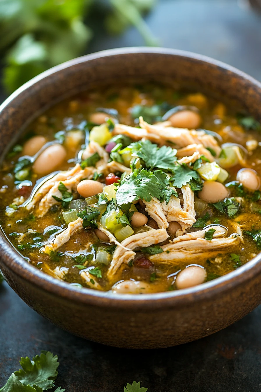 Close-up of slow cooker salsa verde chicken chili with vibrant colors and textures