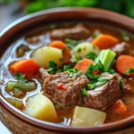 Close-up of slow cooker soup with beef and vegetables in a bowl.