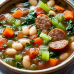 Close-up of a slow cooker soup with sausage and vegetables in a bright setting.