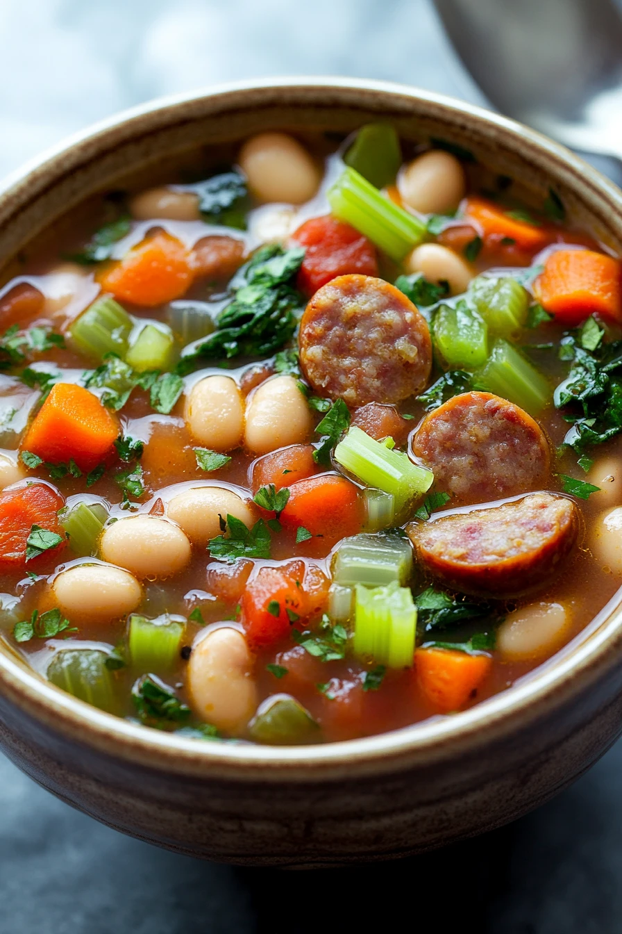 Close-up of a slow cooker soup with sausage and vegetables in a bright setting.
