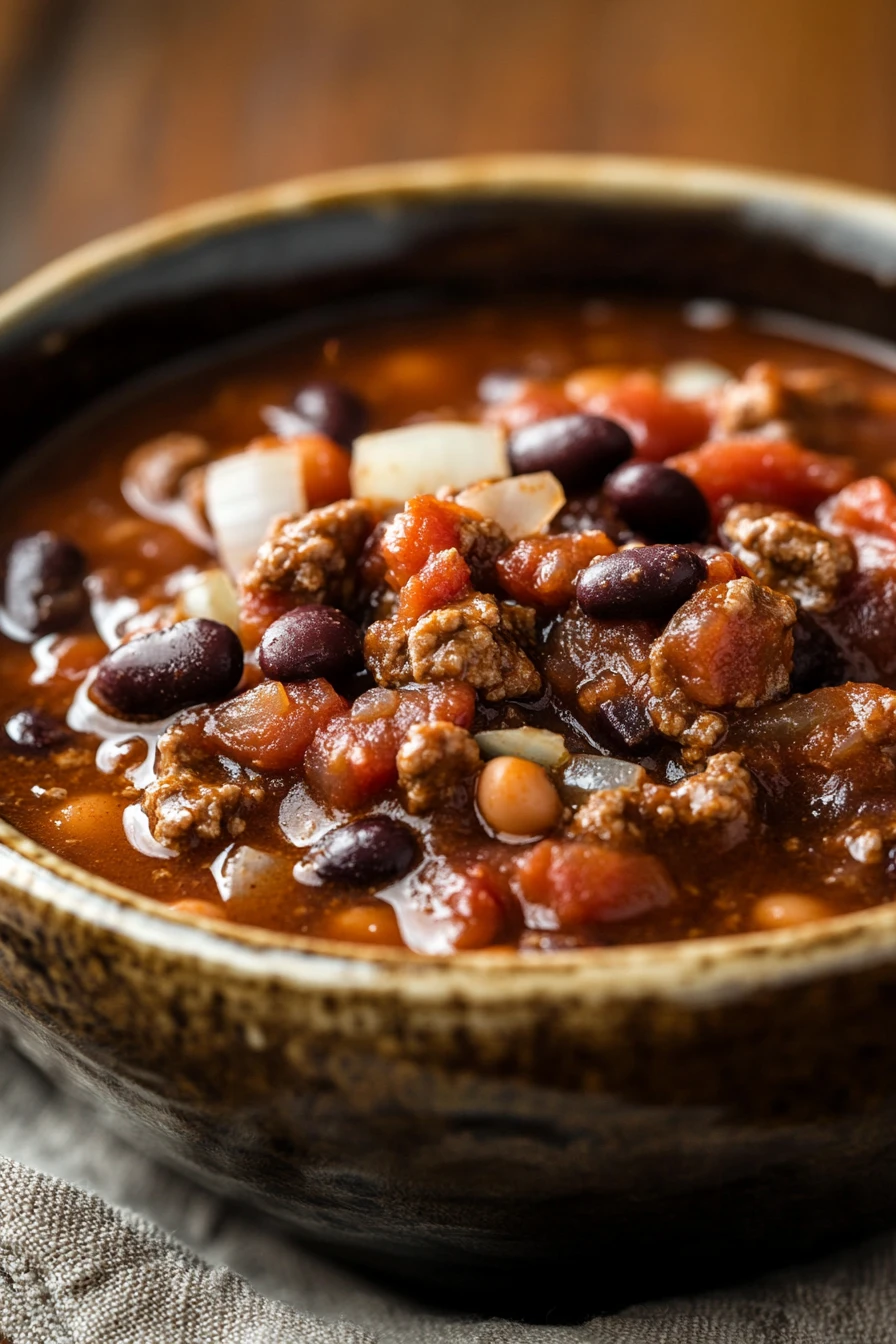 Close-up of a hearty slow cooker stew meat chili with beans and spices.