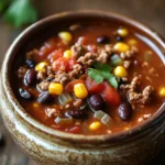 Close-up of slow cooker taco soup with beans, corn, and tomatoes in a bowl