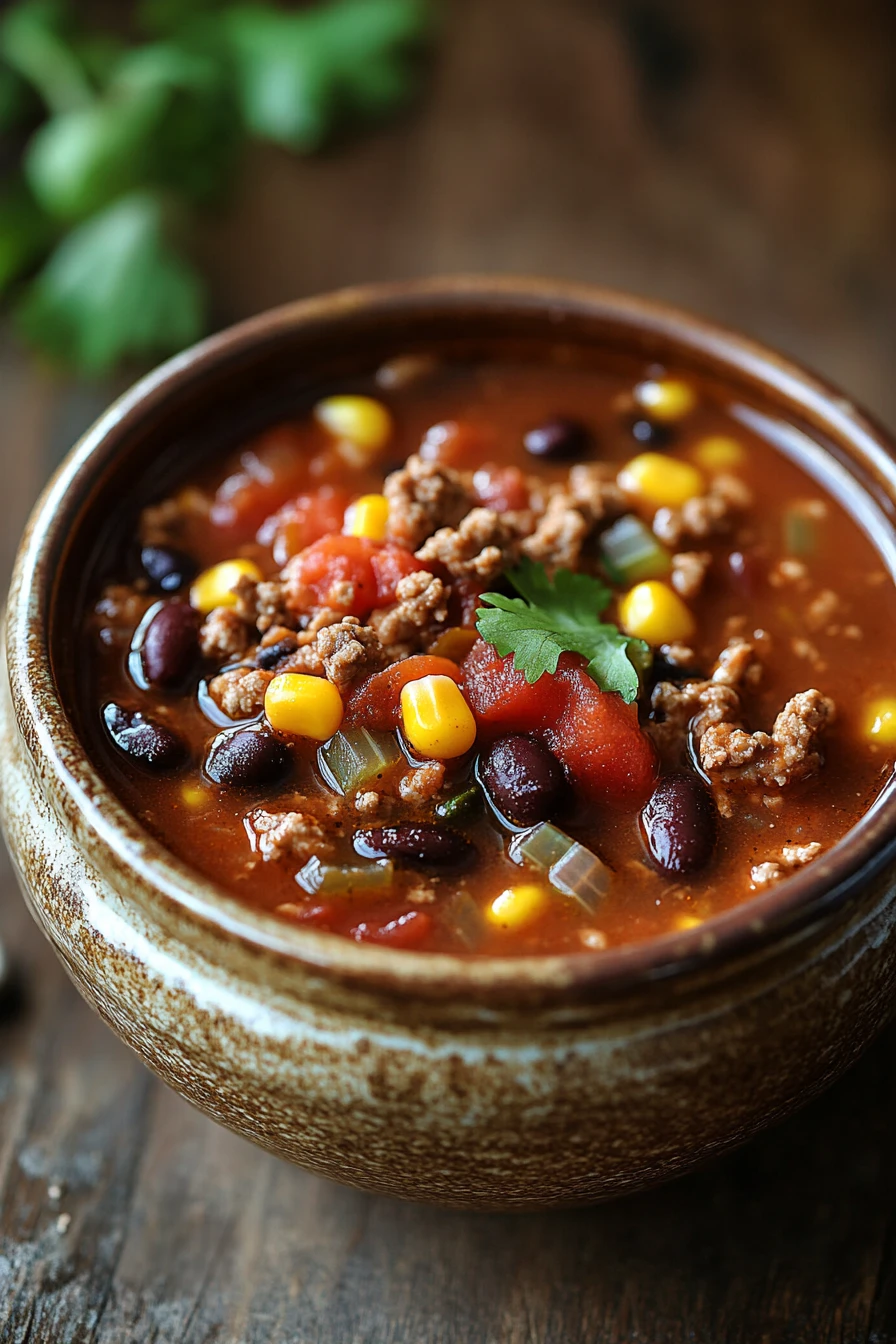 Close-up of slow cooker taco soup with beans, corn, and tomatoes in a bowl