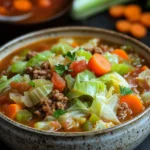 Close-up of slow cooker unstuffed cabbage soup with vegetables in a bowl