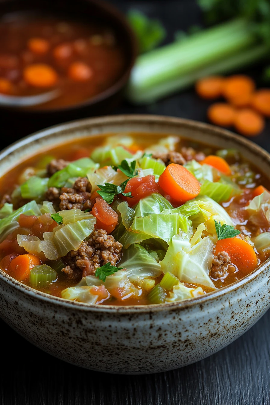 Close-up of slow cooker unstuffed cabbage soup with vegetables in a bowl