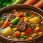 Close-up of slow cooker vegetable soup with beef, featuring carrots, potatoes, and herbs in a broth.