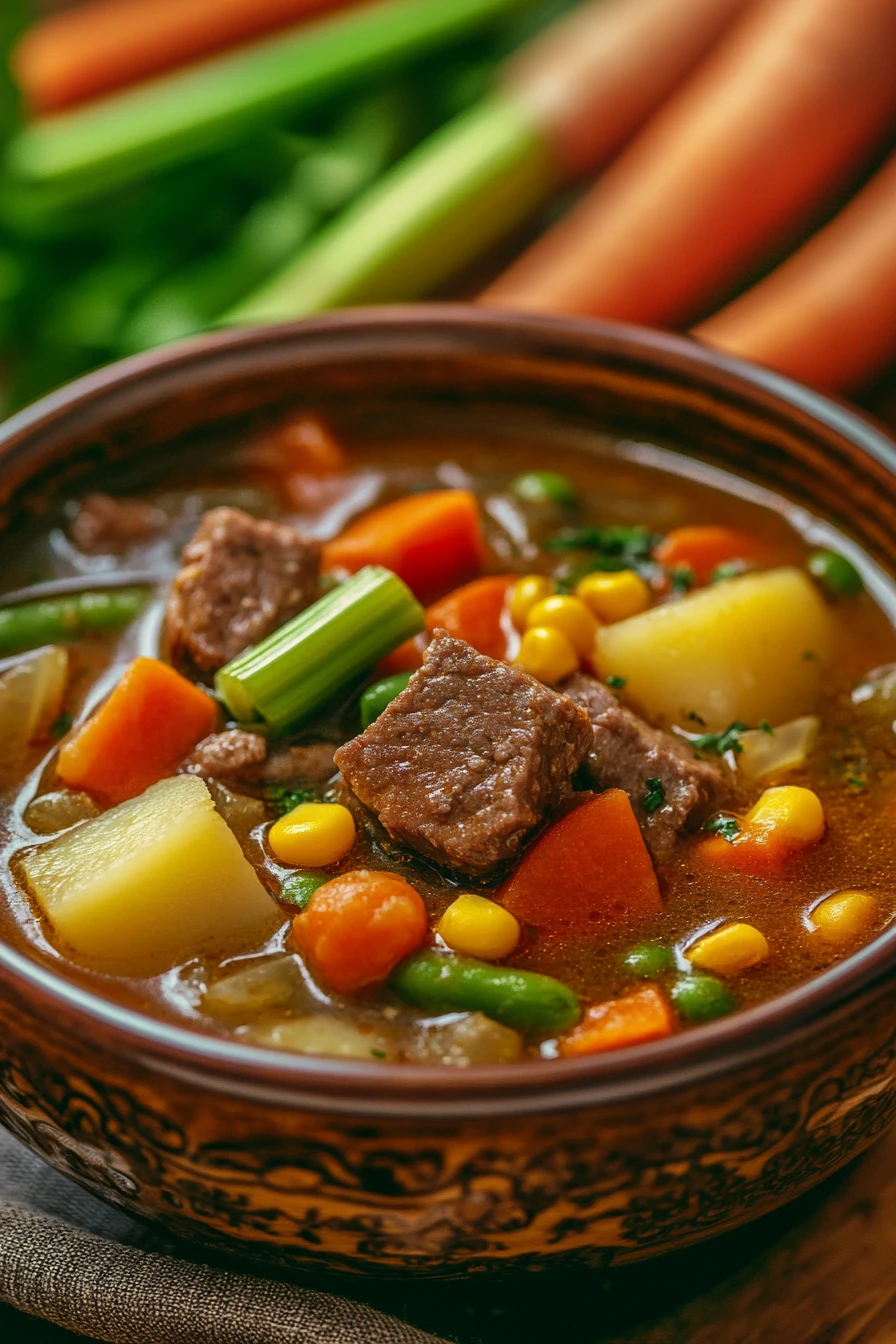 Close-up of slow cooker vegetable soup with beef, featuring carrots, potatoes, and herbs in a broth.