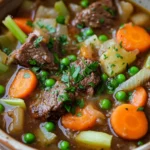 Close-up of a hearty steak and ale stew in a slow cooker with rich textures and warm lighting.