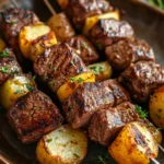Close-up of steak and potato kabobs cooked in an air fryer, showcasing juicy steak pieces and golden potatoes.